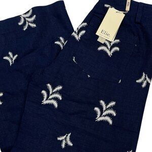 Elie Tahari Pants Women 6 Blue Linen White Palm Tree Embroidered Wide Leg Resort